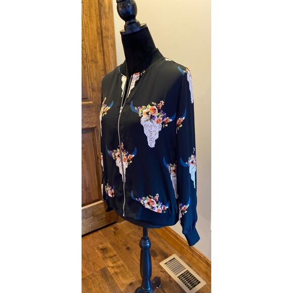 Fab’rik Bomber Jacket Size Medium Bison Head Floral Full Zip Front Lightweight - Picture 5 of 11
